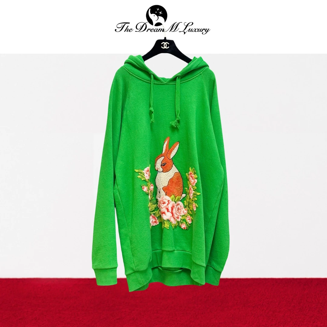 99新 GUCCI/古驰 L码兔子图案绿色连帽长袖卫衣