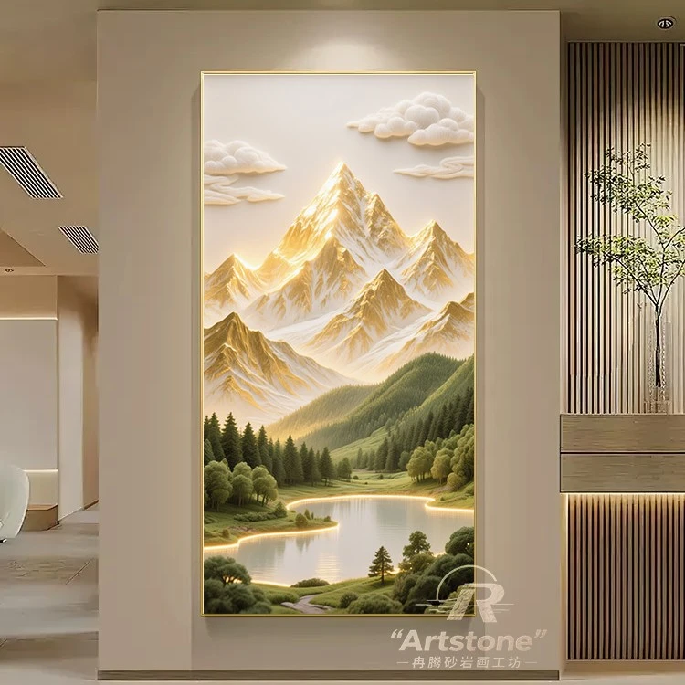 日照金山客厅背景砂岩装饰挂画立体质感山水画高档走廊玄关装饰画