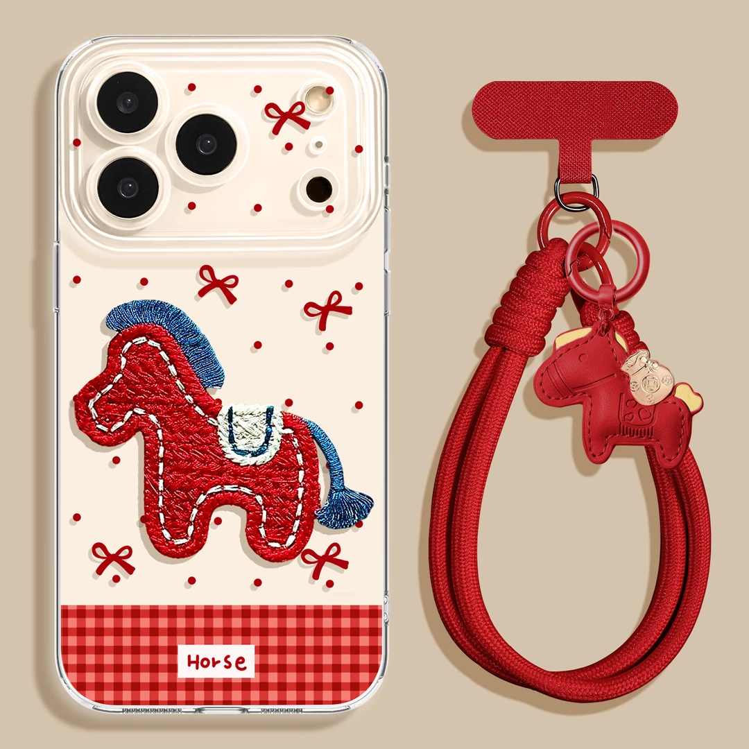 新年仿刺绣小马适用iphone17/16promax手机壳苹果15/14全包13/12p