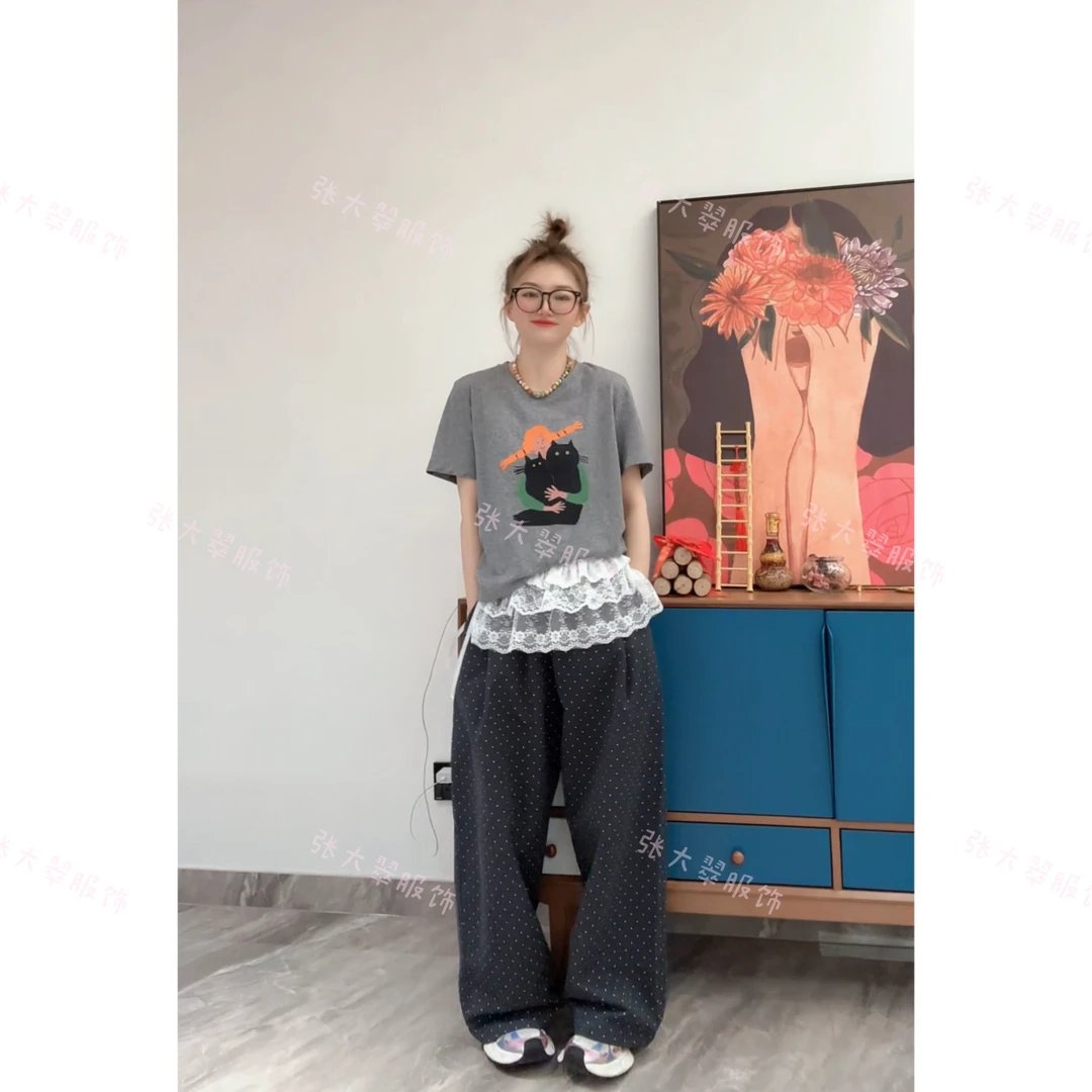 波点高腰休闲裤女春季新款松紧腰直筒裤