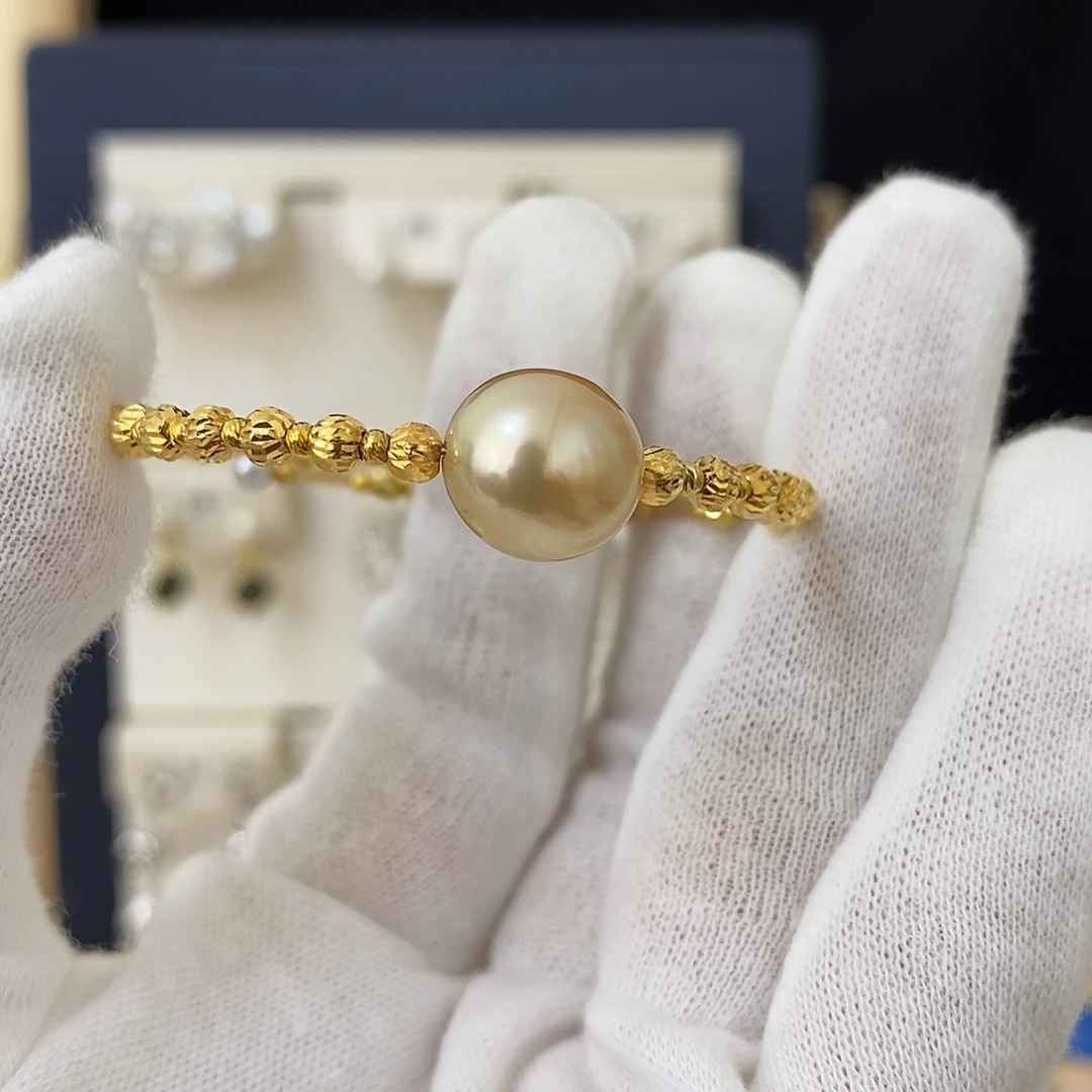 银S925镀金镶嵌海水珍珠手镯非正圆