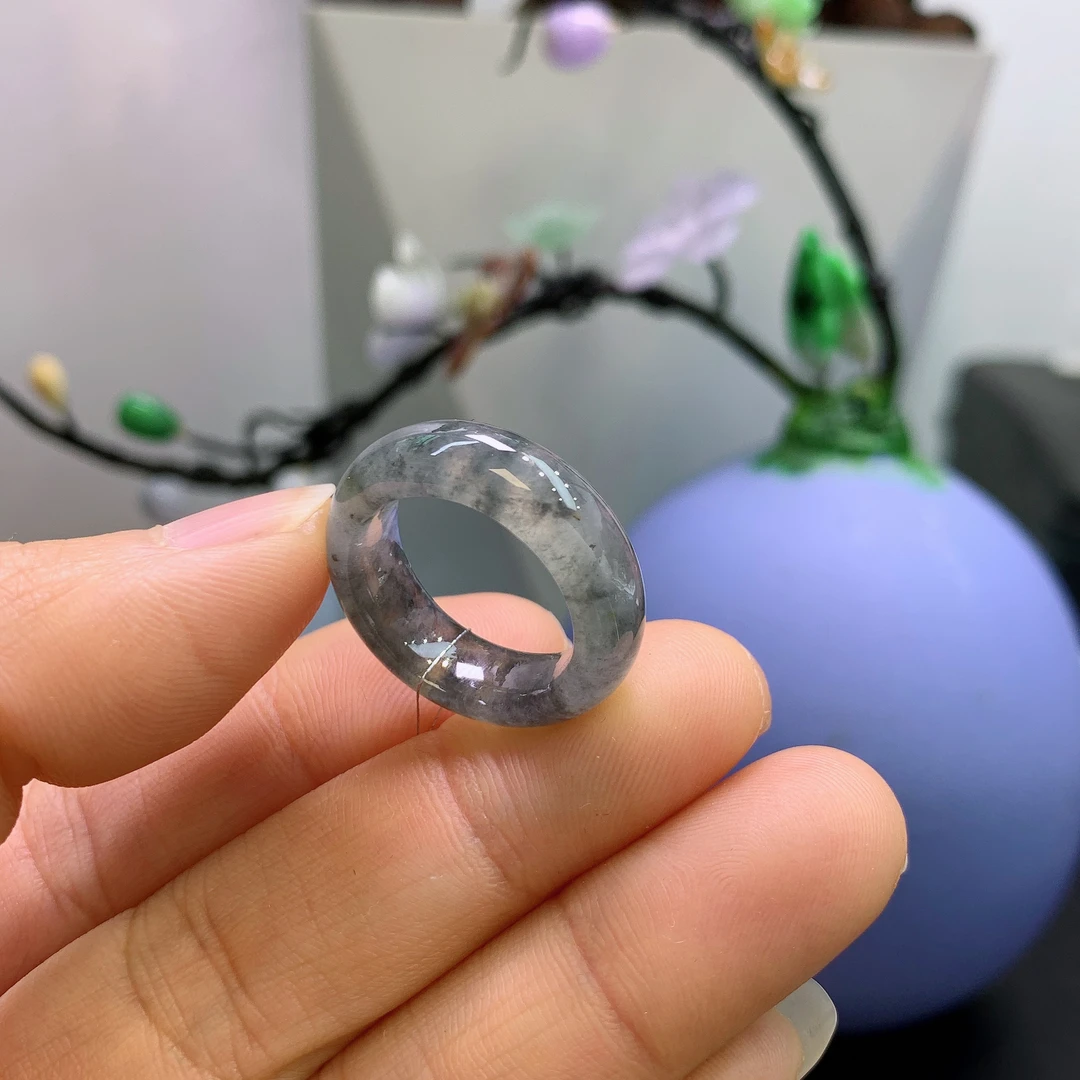 12圈口缅甸天然翡翠A货冰乌鸡戒指A722#