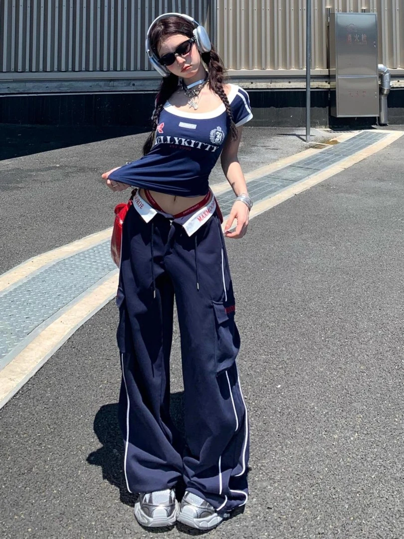 唐依坊 美式运动套装女夏季辣妹修身显瘦短袖T恤休闲长裤两件套装