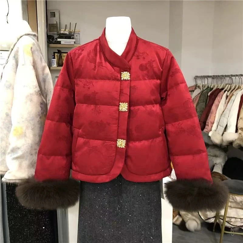 新中式2025冬季保暖时尚钻石扣暗花网红百搭国风年货战袍棉外套