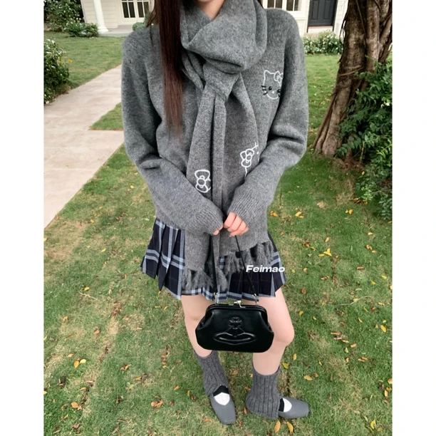 赵小小【KT围巾毛衣】10370 冬季学院风针织刺绣kt显瘦领带开衫上衣