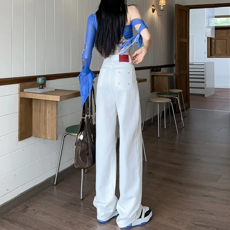 新中式国风刺绣2025新款白色牛仔裤女窄版直筒阔腿显瘦百搭夏季款