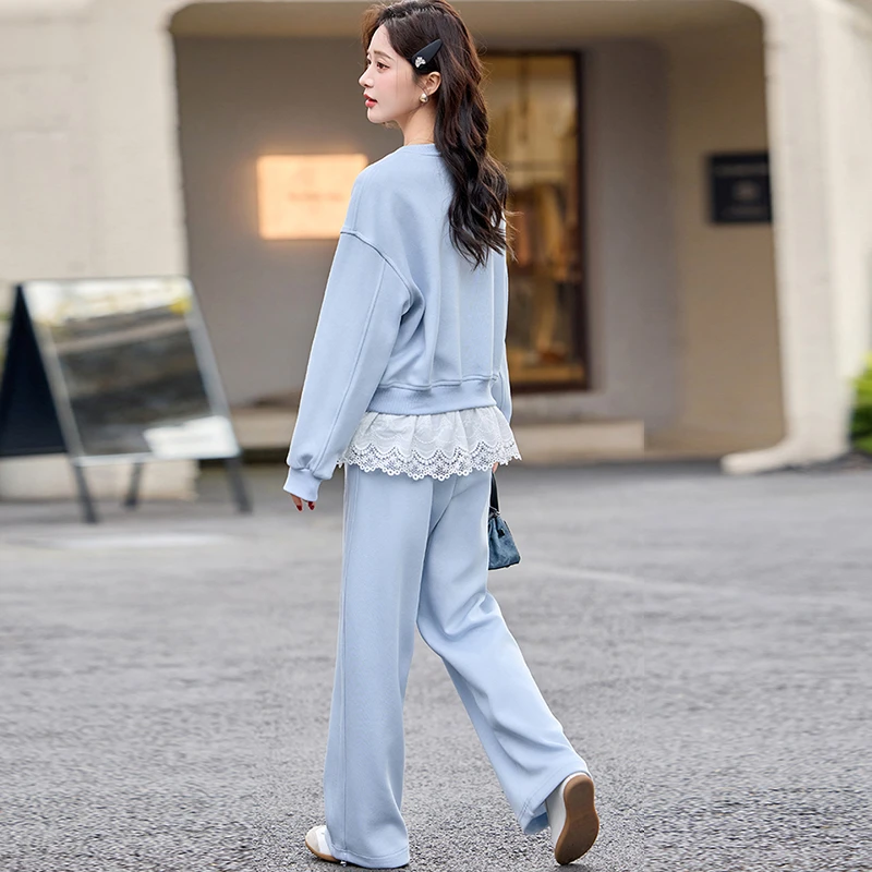 休闲运动套装女2025春装新款韩版时尚蕾丝拼接洋气宽松显瘦两件套