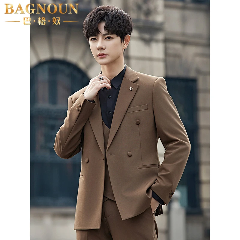 巴格奴西服套装男士新款时尚高端双排扣休闲小西服婚礼三件套西装