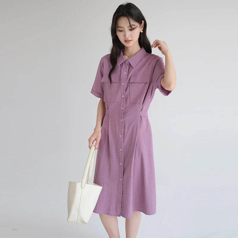 【通勤简约单排扣衬衫裙】蓝若水大码2026夏装显瘦工装连衣裙0188