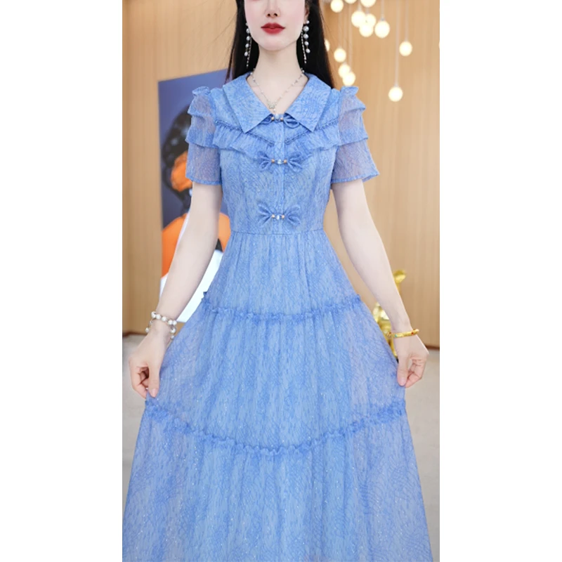 【连衣裙】夏季V领时髦减龄修身显瘦高腰过膝中长款连衣裙M-4XL