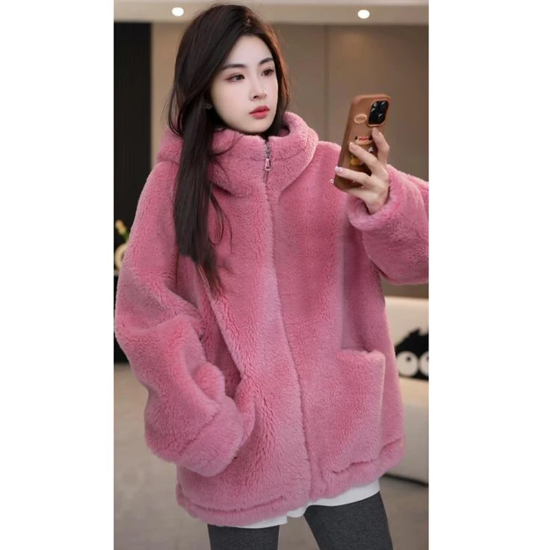 官图2024秋冬加厚连帽毛毛女装皮毛一体宽松显瘦气质保暖上衣女
