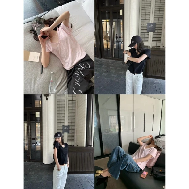 「难哄同款Tee」(9AWY26271#)V领卷边薄款宽松短袖T恤AWYZ 5-29