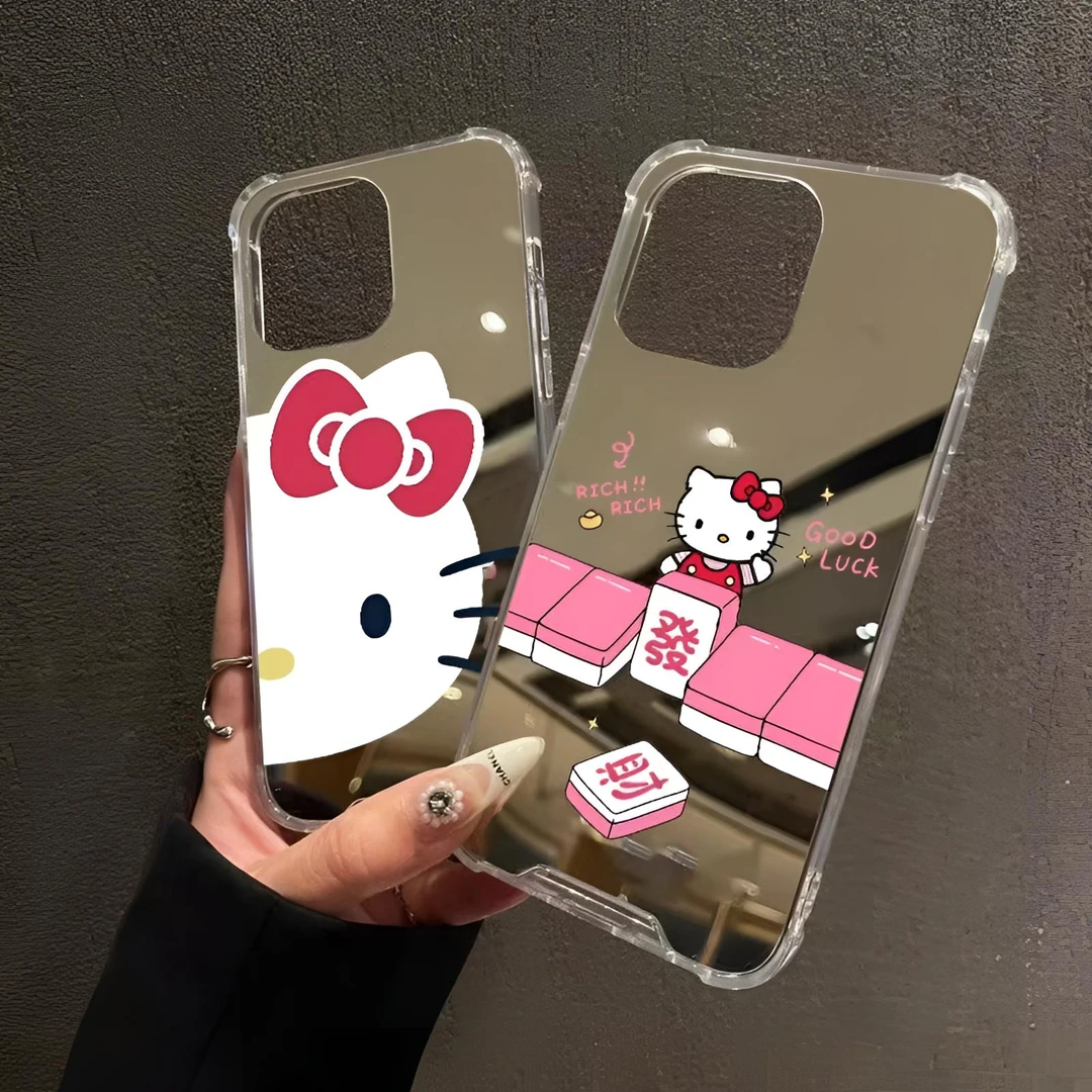 KT猫镜面适用手机壳苹果16PLUS补妆镜子15PROX麻将发财镜面14防摔