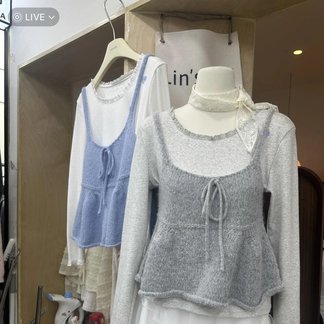 韩系chic漂亮减龄吊带马甲内搭打底衫上衣两件套ins春季新款穿搭