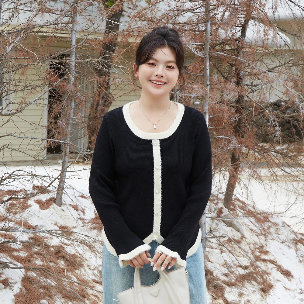 大码女装针织小香风品质女装撞色不规则上衣时尚百搭秋季 5208