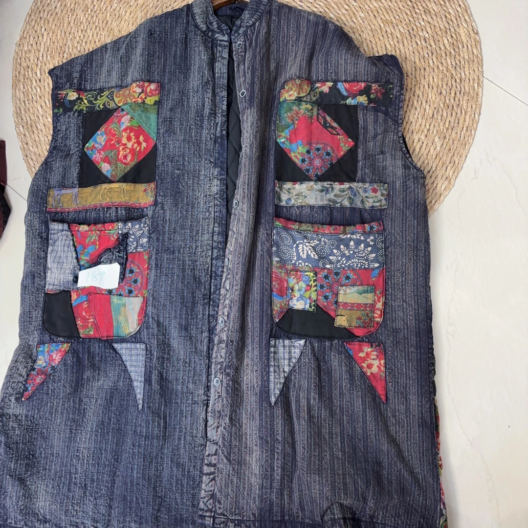 复古做旧重工手绣贴布盘扣中长款老布无袖坎肩棉服女冬厚马甲外套