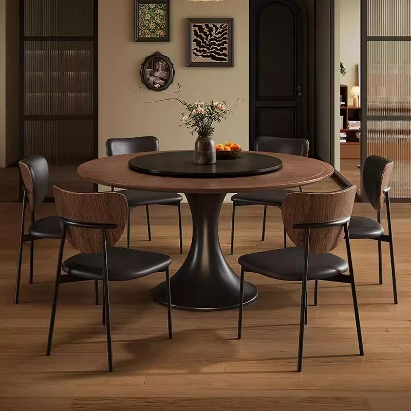 中古风实木岩板双拼餐桌圆形餐桌法式复古家用新中式高端转盘饭桌