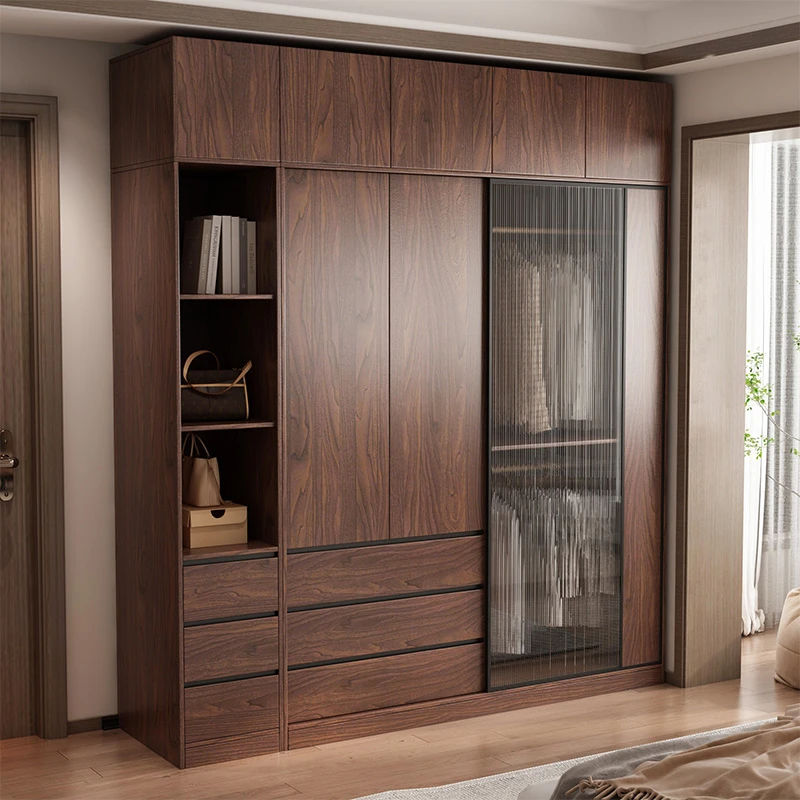 胡桃色卧室推拉门衣柜实木移滑门组合钢化玻璃北欧衣橱成品家用