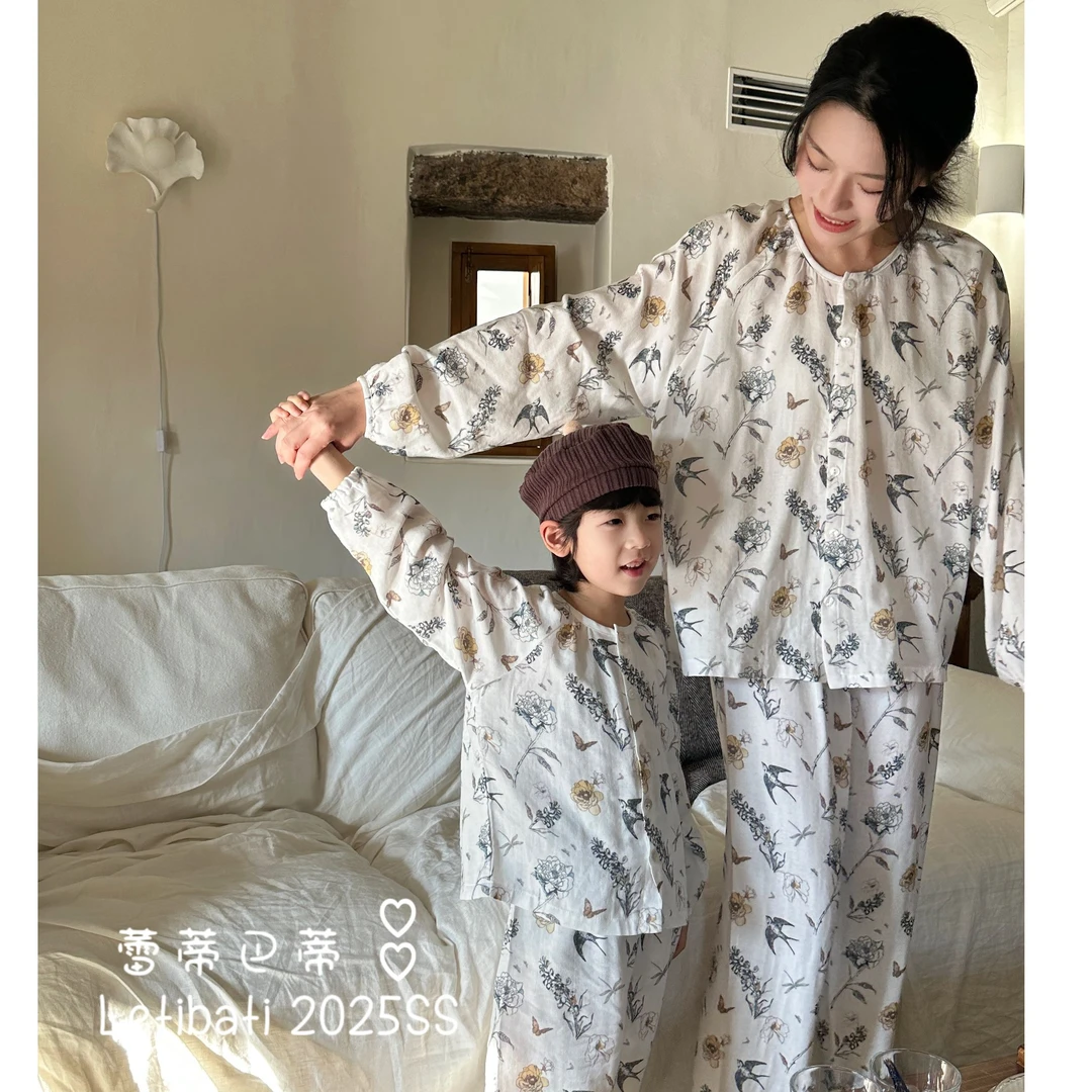 蕾蒂巴蒂儿童纱布亲子长袖无领对开套装宝宝薄款