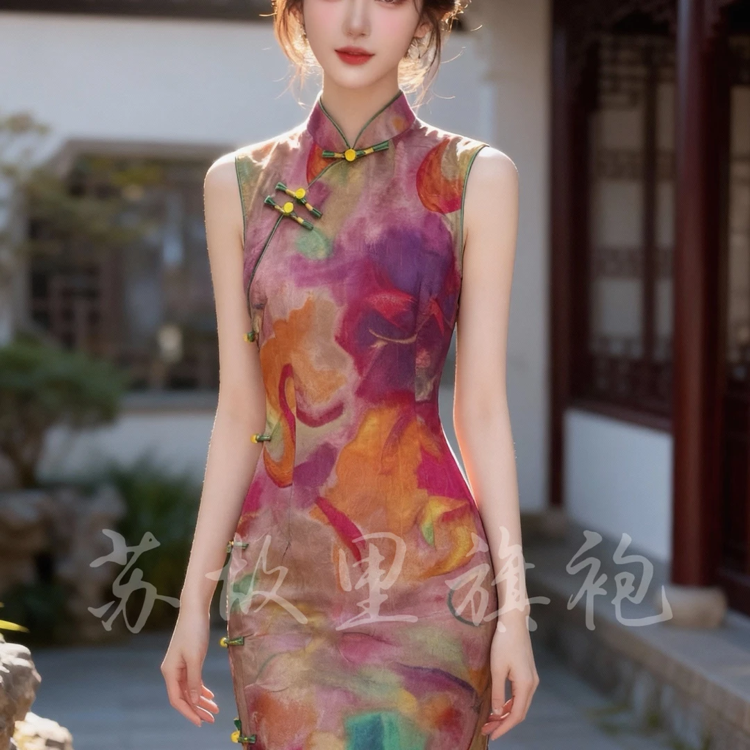 苏故里【七彩琉璃】文艺港风复古夏季日常旗袍立领显瘦修身