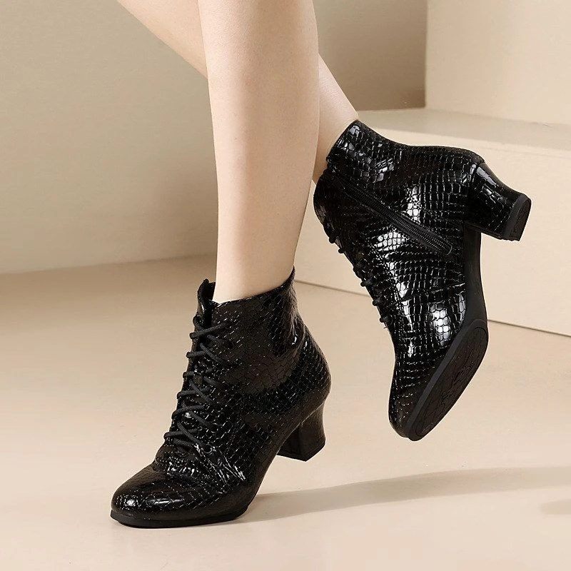 秋冬季时尚女高帮侧拉链亮皮舞蹈鞋软底广场舞鞋中跟交谊加绒外穿