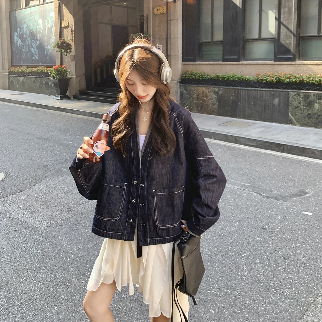 复古港风oversize牛仔短外套女2025秋季新款酷飒休闲蓝色夹克上衣