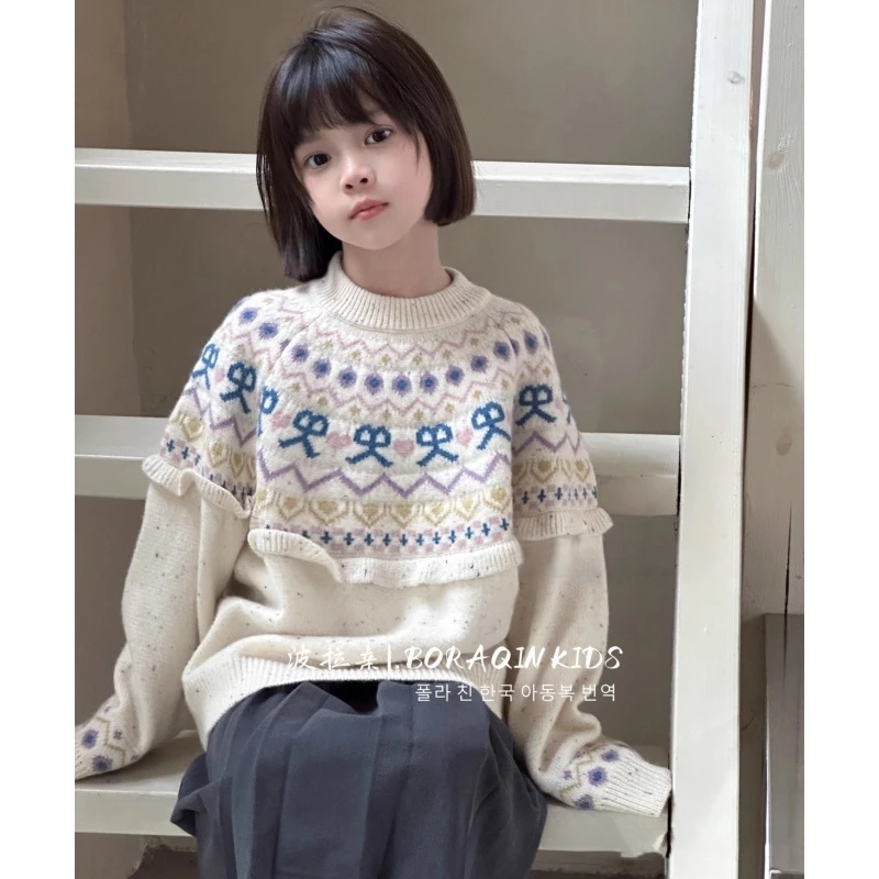 波拉亲亲子BORAQIN韩版童装2025秋冬季儿童复古花纹彩点花边毛衣