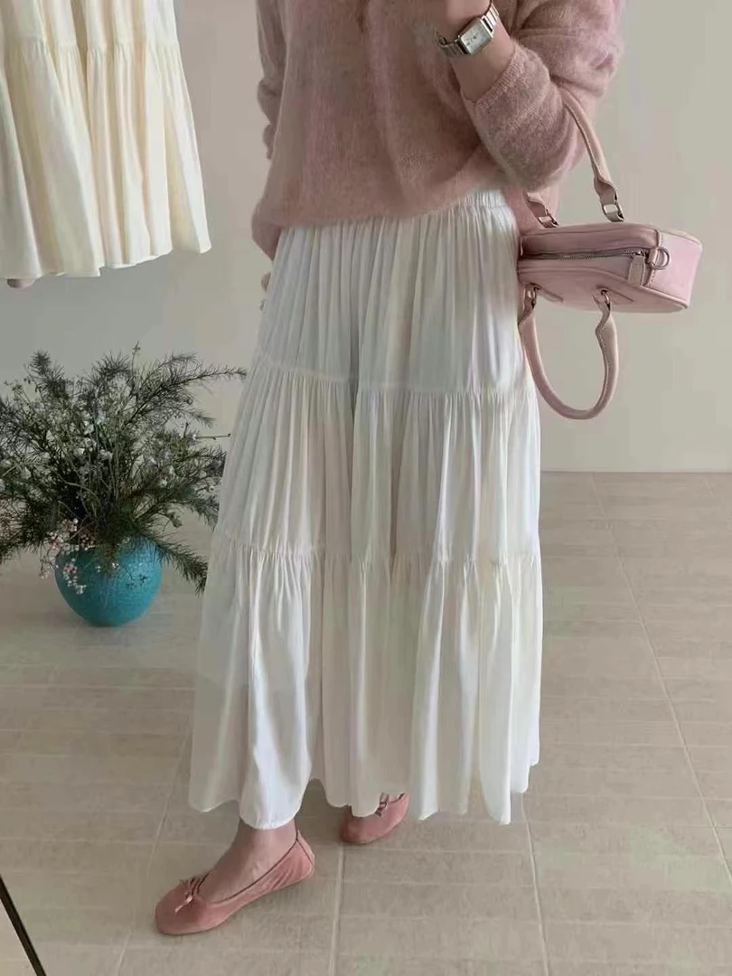 白色高腰显瘦A字半身裙温柔风中长款甜美百搭裙子
