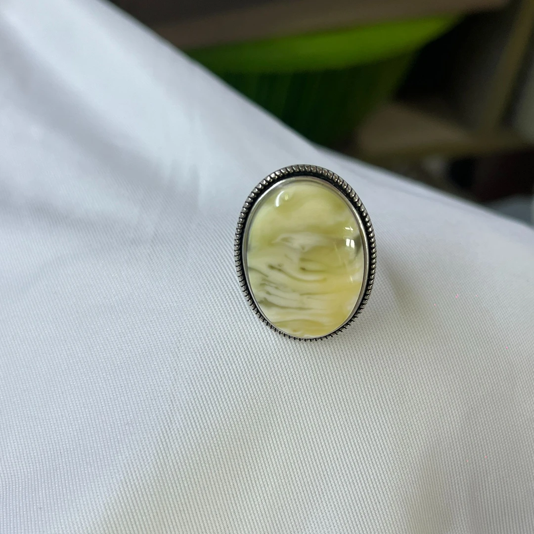 天然蜜蜡瓷白花复古款戒指s925银镶嵌饰品