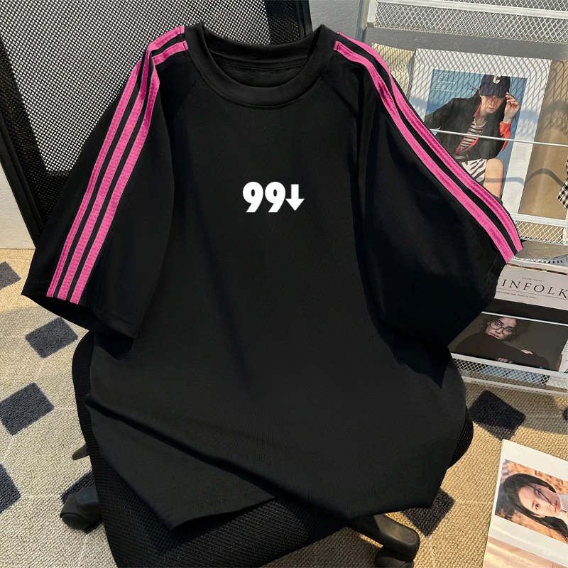 FOPJ美式复古撞色三条杠短袖t恤女夏季宽松学院风休闲百搭上衣潮