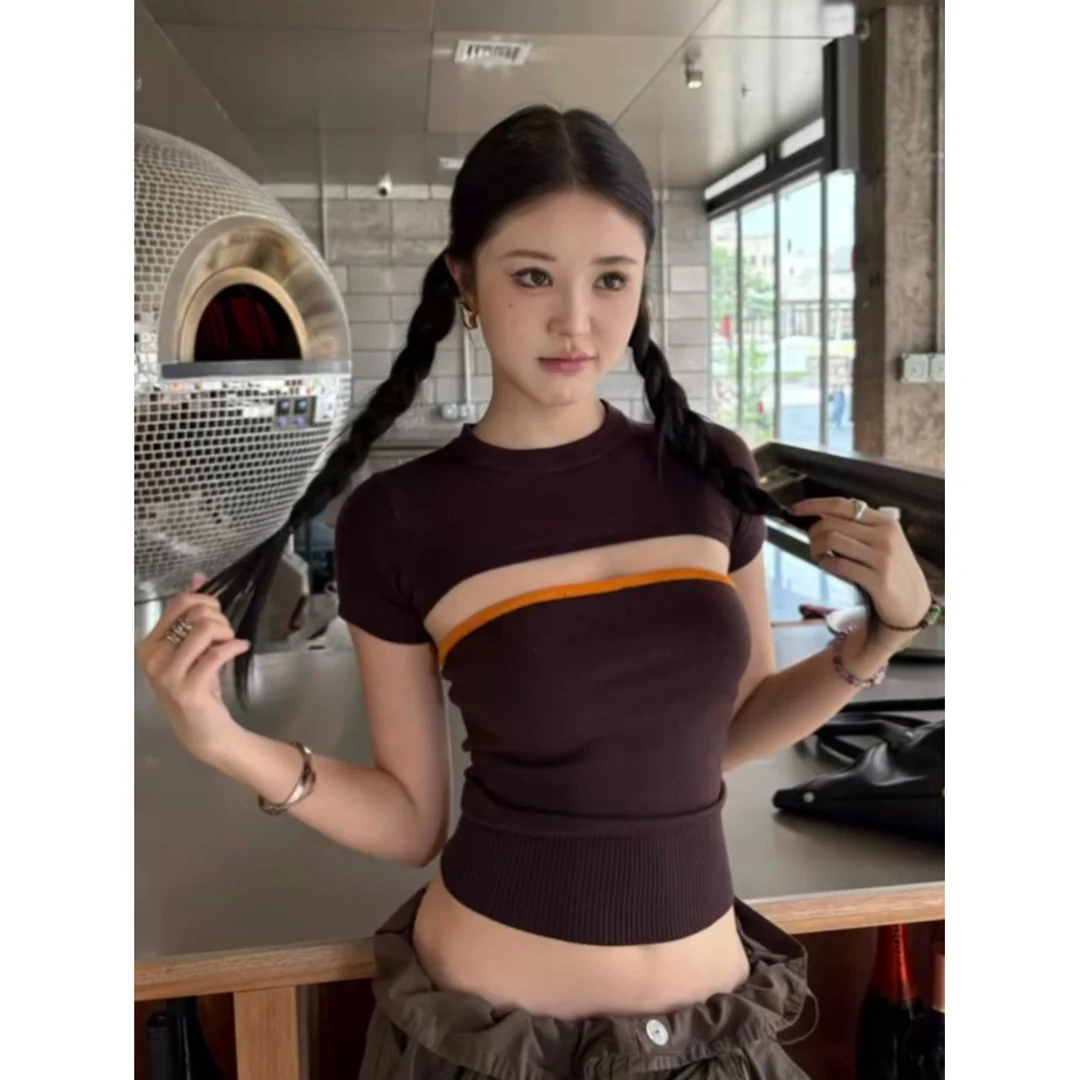 法式高级感撞色可拆卸针织短袖T恤女2025春夏甜辣风修身显瘦上衣