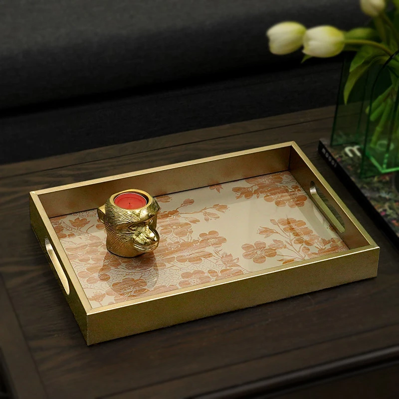 北欧现代浅金色鎏金绽蕊艺术装饰托盘家用奢华收纳盘茶盘长方形
