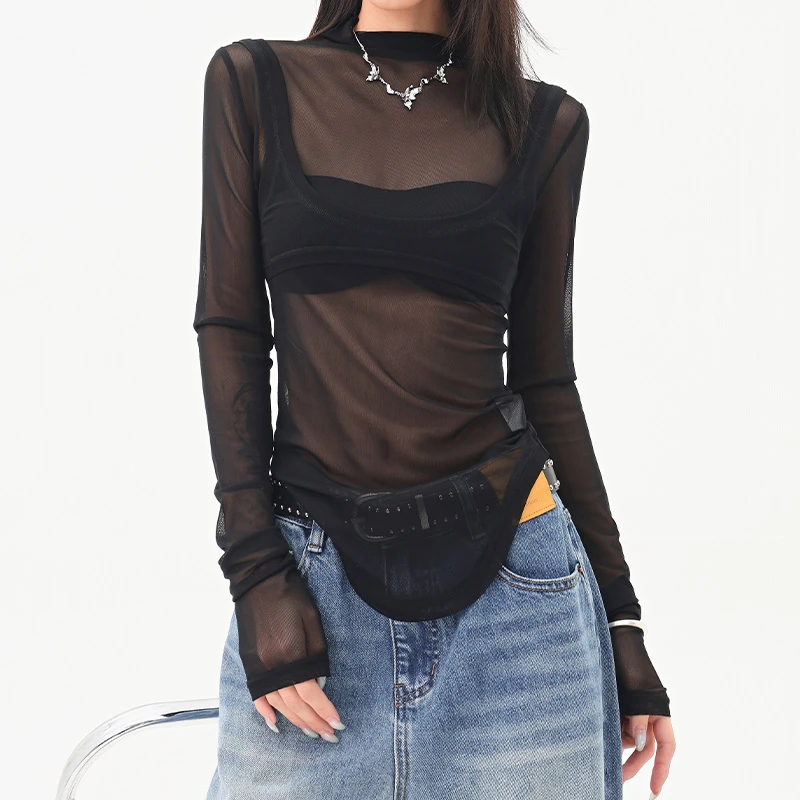 KEN STUDIO黑色网纱拼接假两件长袖T恤女夏季新款修身显瘦上衣