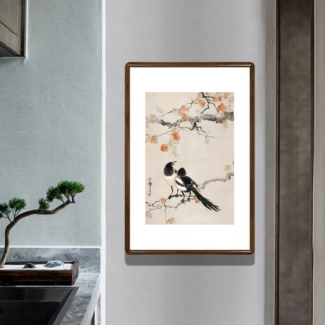 双喜临门图花鸟画新中式客厅玄关装饰画书房餐厅走廊过道吉利壁画