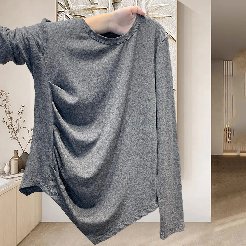 大码洋气百搭正肩圆领不规则下摆褶皱收腰显瘦设计长袖t恤女上衣