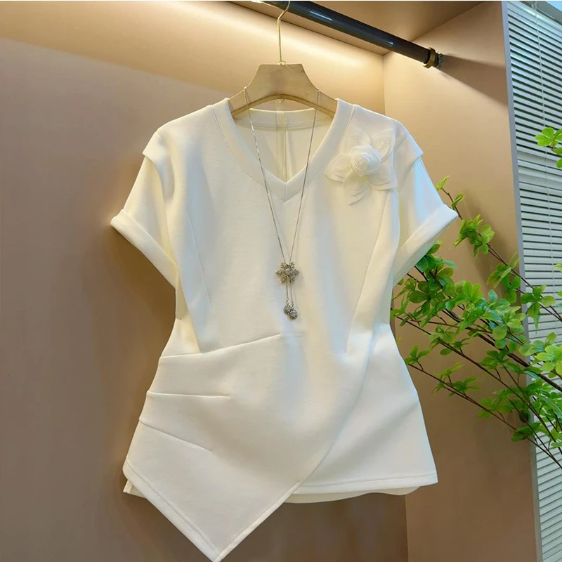 法式减龄立体花朵短袖T恤上衣女装夏季新款大码宽松遮肚体恤气质