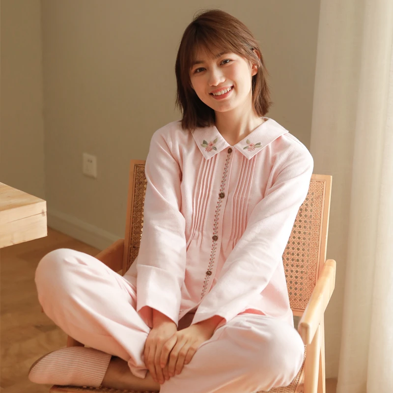 MEJU/蔓秋【琉璃】女士纯棉秋冬磨毛全棉长袖睡衣家居服套装