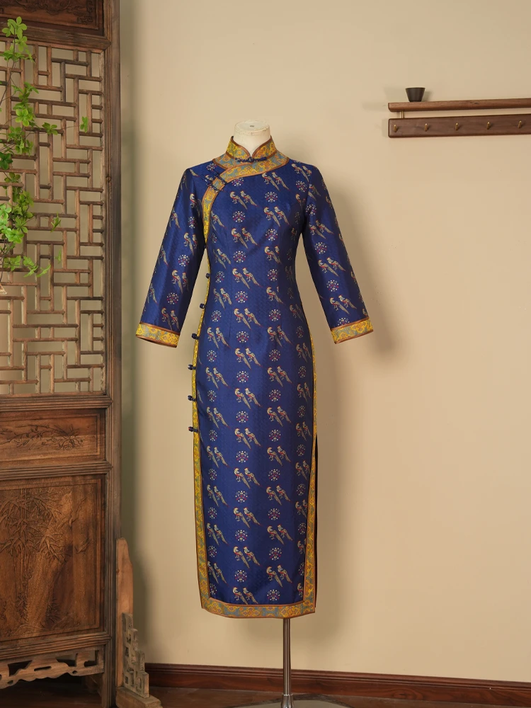 【大宋皇后五彩翟鸟】桑蚕丝宋锦长袖高腰旗袍