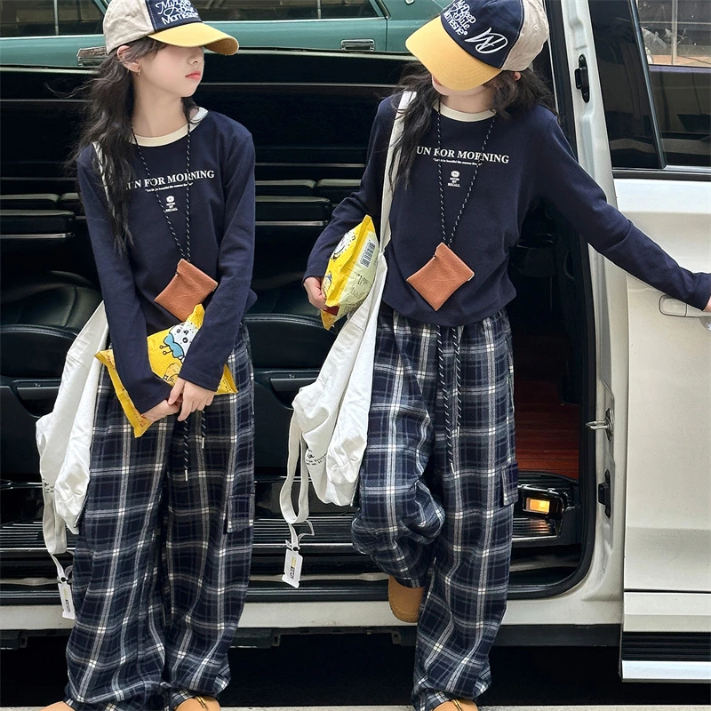 女童春秋新款韩系修身字母打底衫韩系格子工装裤套装2025中大童潮