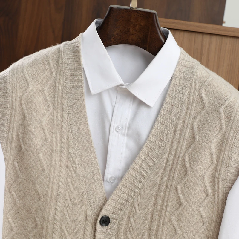 100%纯羊毛男士秋冬V领针织提花无袖上衣宽松休闲百搭打底衫坎肩