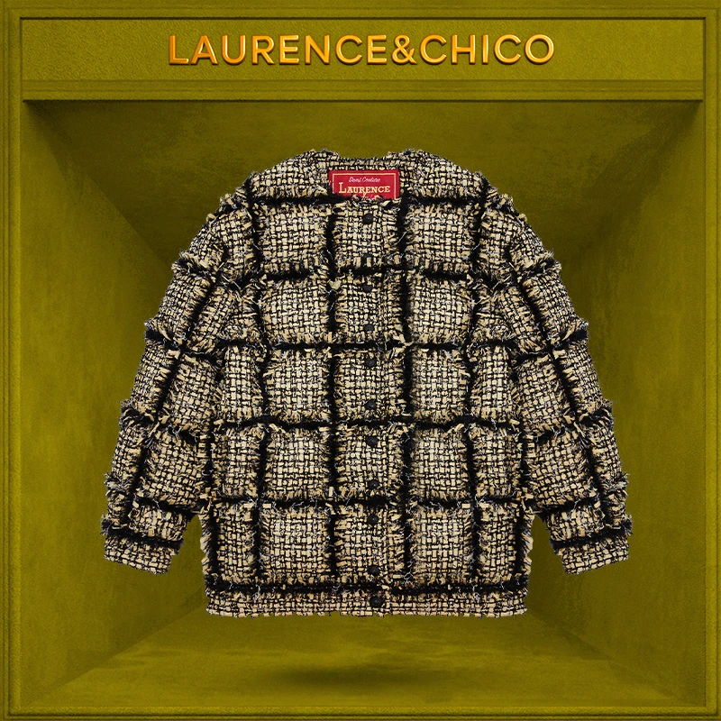 LC钻饰粗花呢编条羽绒夹克，黑黄色D2AD10112108