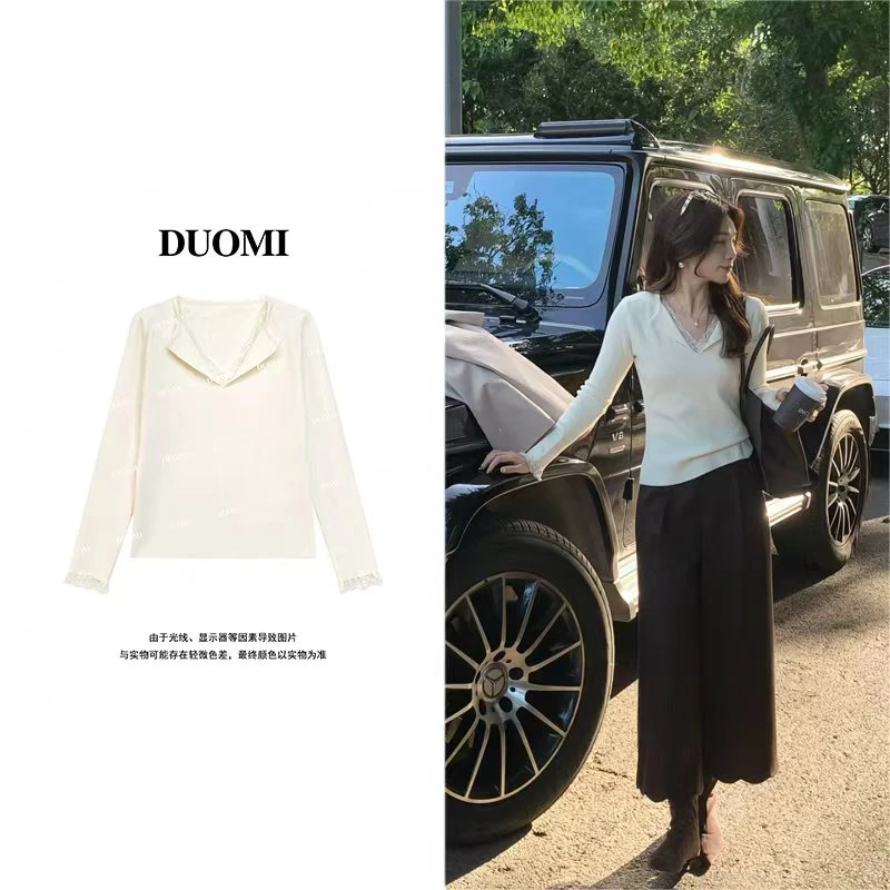 【DUOMI】秋季新款女装百搭时尚设计感V领小衫上衣长袖女D7695