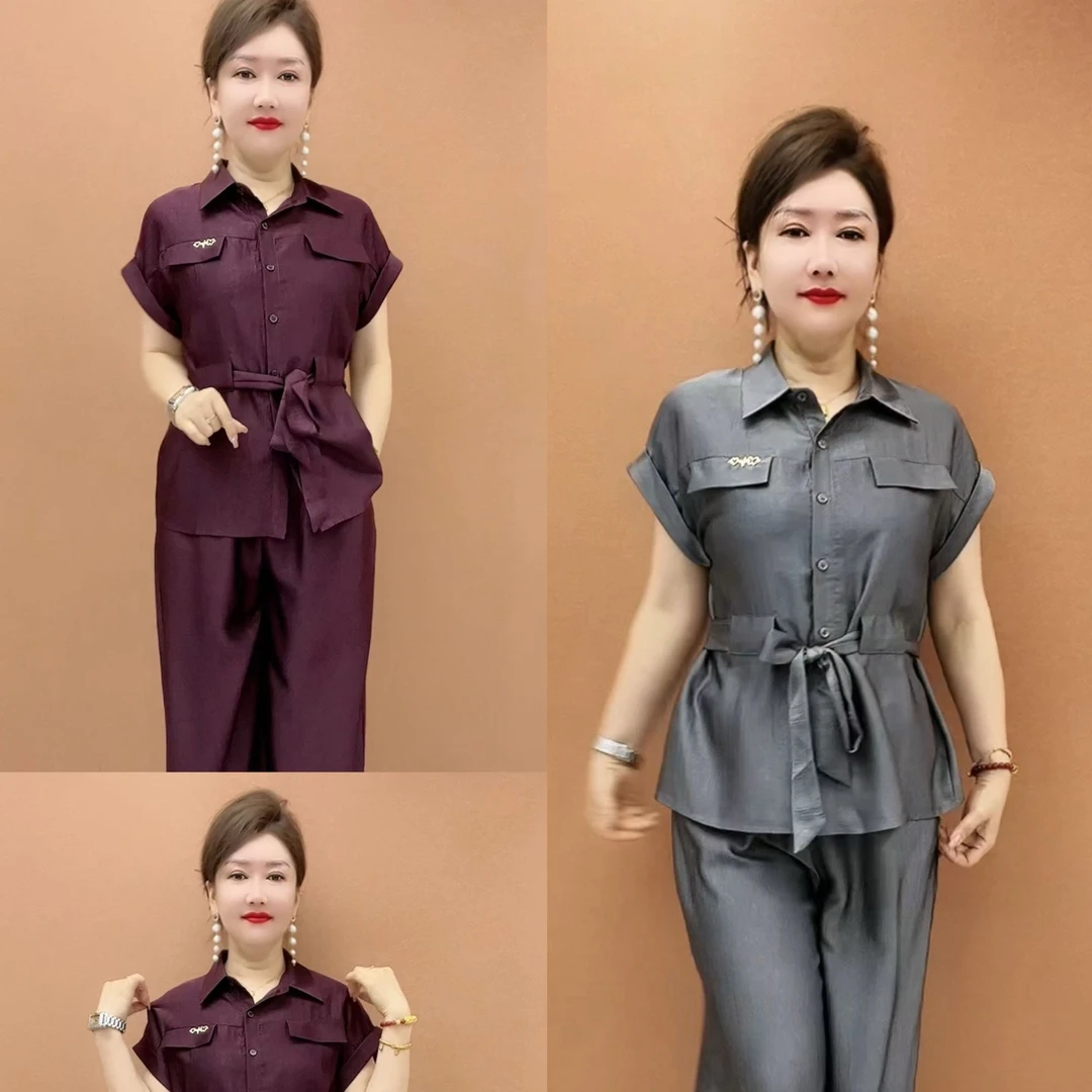 D时尚简约衬衫领短袖上衣阔腿裤（套装）