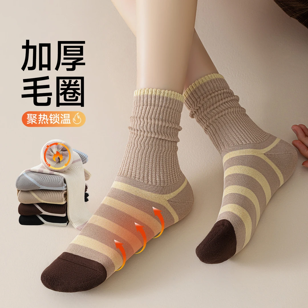 10A抗菌袜子女秋冬中筒袜100%棉防臭加厚发热保暖纯棉毛巾底长袜