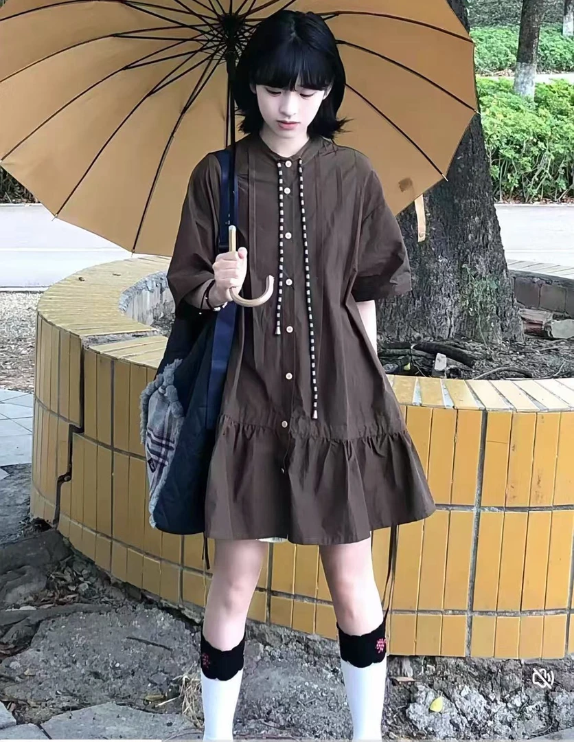 日系复古立领衬衫连衣裙子女夏季休闲慵懒学院风a字连衣短裙