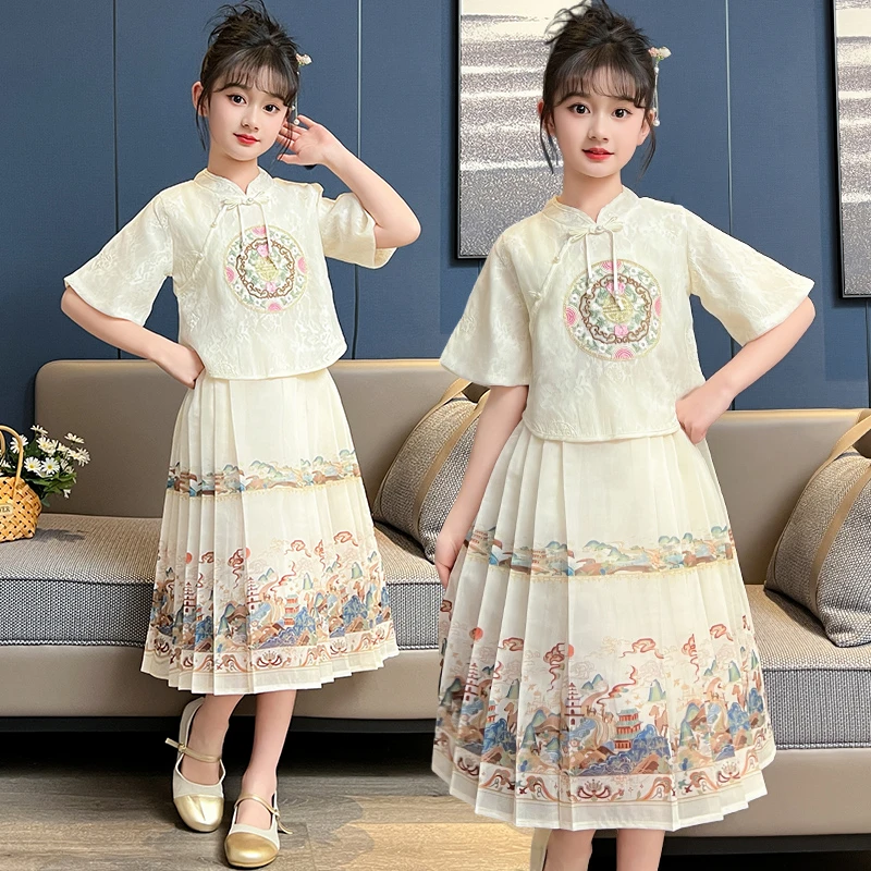 女童夏装短袖新中式汉服马面裙套装2025新款中国风儿童时髦两件套