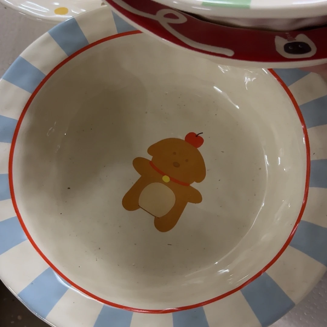 搪瓷微瑕蓝条纹小狗盘一个