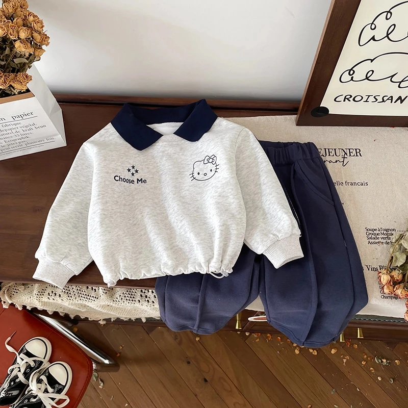 【现货】ZD24Q015春秋新款儿童套装女童学院风卡通两件套