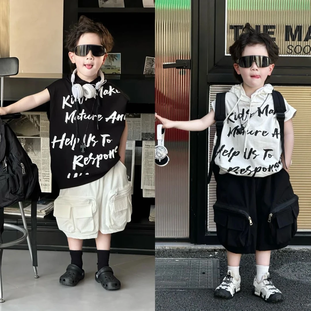 现货-韩版男童背心工装裤套装韩版帅气连帽坎肩工装短裤两件套潮