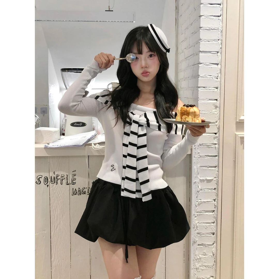 【航海条约】绝美一字肩长袖t恤女早秋条纹系带辣妹显瘦针织上衣